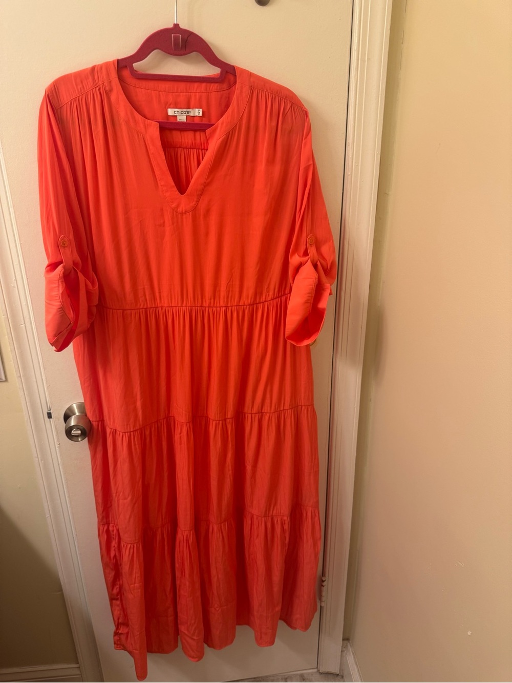 Chico's Bright Coral Tiered Maxi Dress